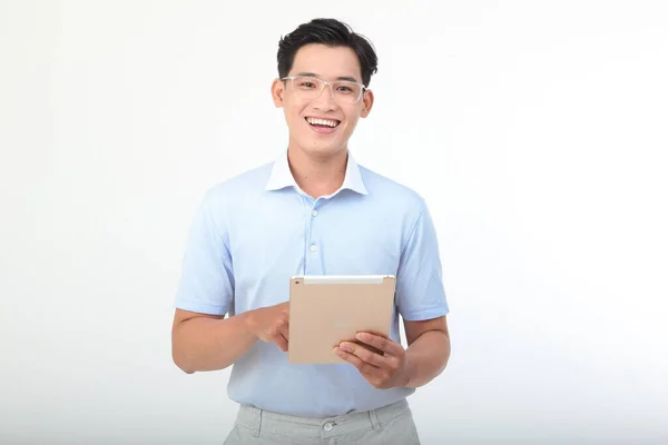 Asian Handsome Young Cheerful Man Isolated White Background — Stock Photo, Image