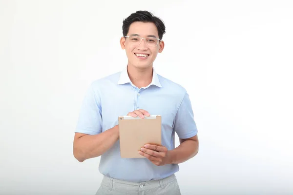 Asiático Bonito Jovem Alegre Homem Isolado Fundo Branco — Fotografia de Stock