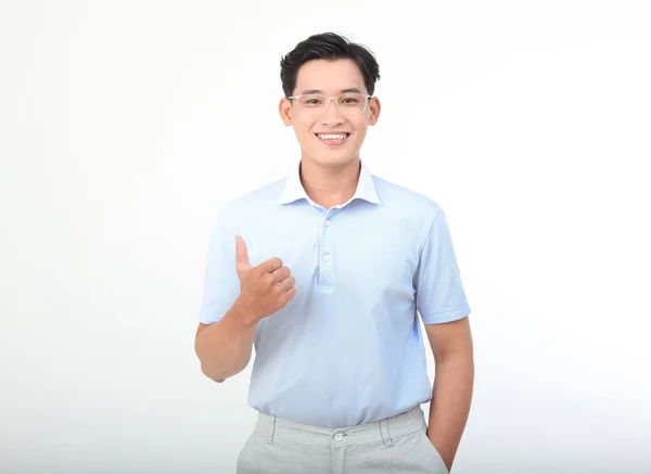 Asiatisk Stilig Ung Och Glad Man Med Handgest För Att — Stockfoto