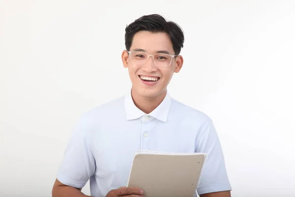 Asian Handsome Young Cheerful Student Man Isolated White Background — Stock Photo, Image