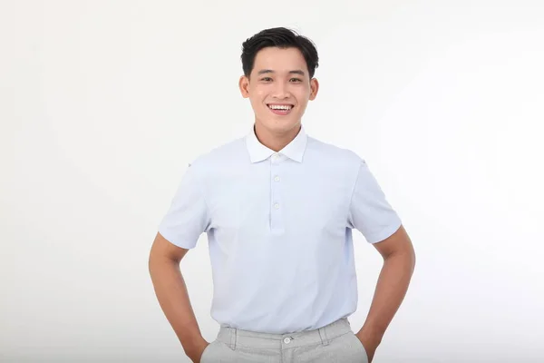 Asiatisk Stilig Ung Och Glad Student Man Isolerad Vit Bakgrund — Stockfoto
