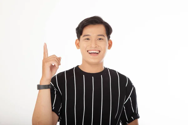 Asian Handsome Young Cheerful Man Hand Gesture Point Copy Space — Stock Photo, Image