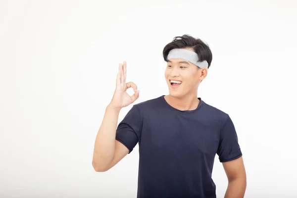 Asiatisk Stilig Ung Sportig Och Glad Man Med Finger Gest — Stockfoto