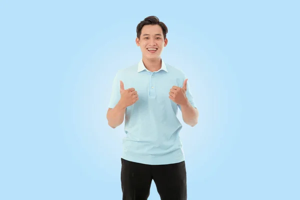 Horizontal Portrait Image Happy Young Man Studio Light Blue Background — Stock Photo, Image