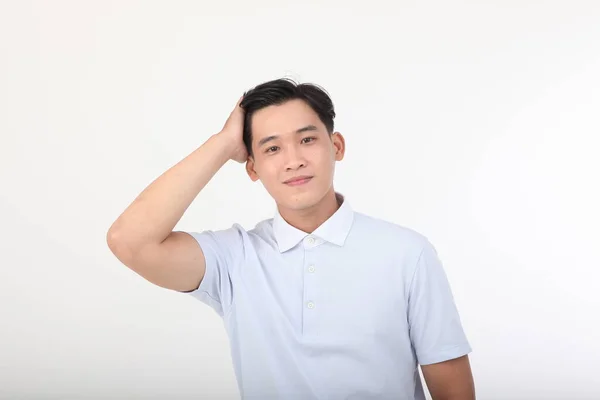 Asiático Bonito Jovem Alegre Estudante Homem Isolado Fundo Branco — Fotografia de Stock