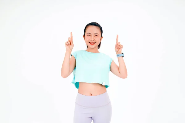 Retrato Ásia Jovem Bela Alegre Mulher Ginásio Treino Roupa Com — Fotografia de Stock