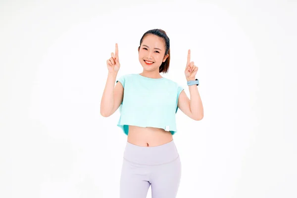 Portrét Asijské Mladé Krásné Veselé Ženy Tělocvičně Cvičení Oblečení Prstem — Stock fotografie