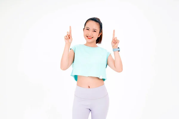 Retrato Ásia Jovem Bela Alegre Mulher Ginásio Treino Roupa Com — Fotografia de Stock