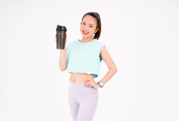 Retrato Joven Asiática Hermosa Alegre Mujer Deportiva Con Botella Batido —  Fotos de Stock