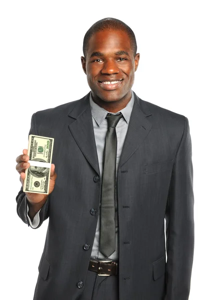У бизнесмена в руках стопка денег. — стоковое фото