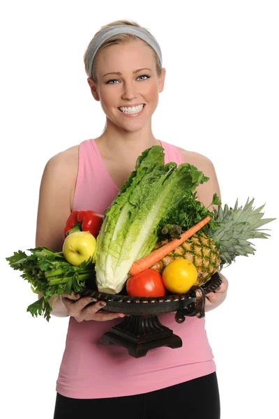 Kadın holding kase meyve ve sebze ile — Stok fotoğraf