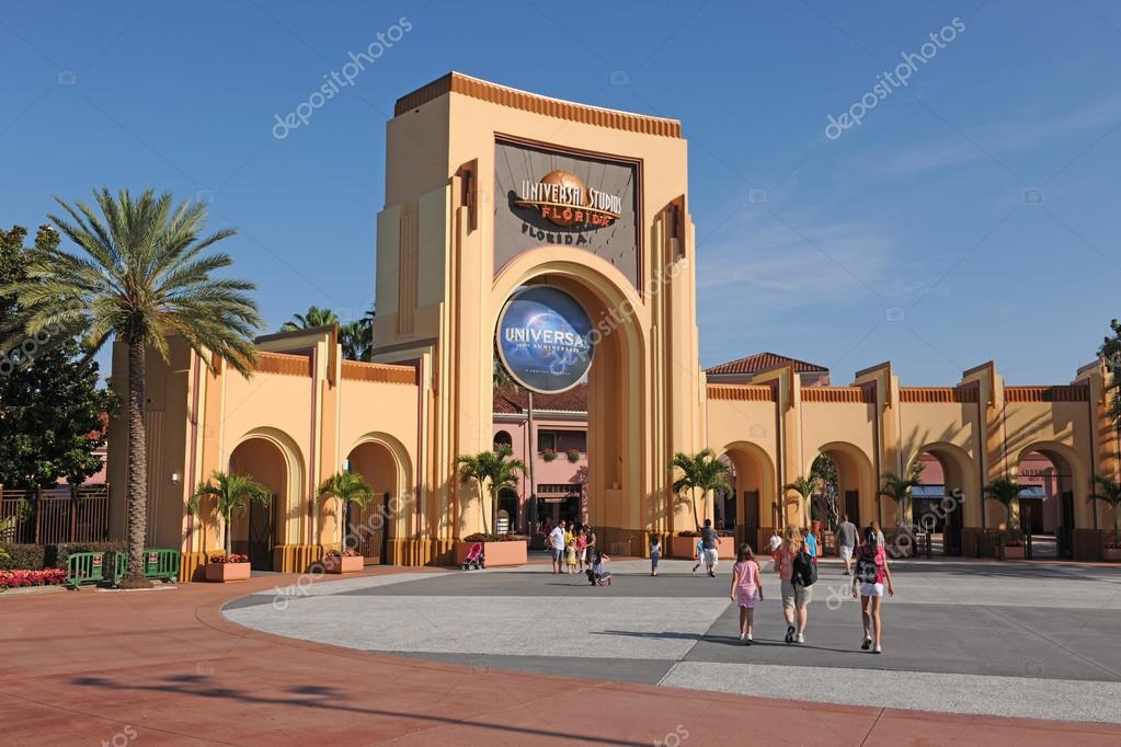 ORLANDO, FLORIDA - JUNE 04, 2012: Universal Studios theme park entrance logo on building