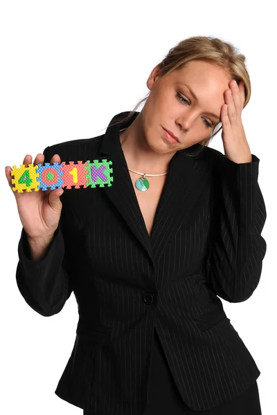 Worried Businesswoman With 401K Sign — Stock Photo, Image