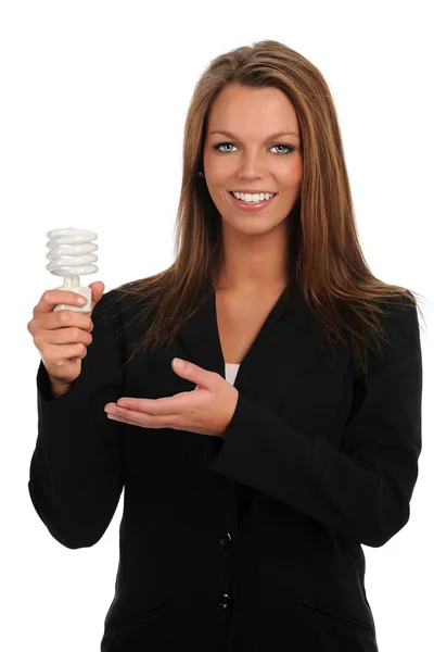 Young Businesswoman Holding Fluorescent Bulb — Stock Photo, Image