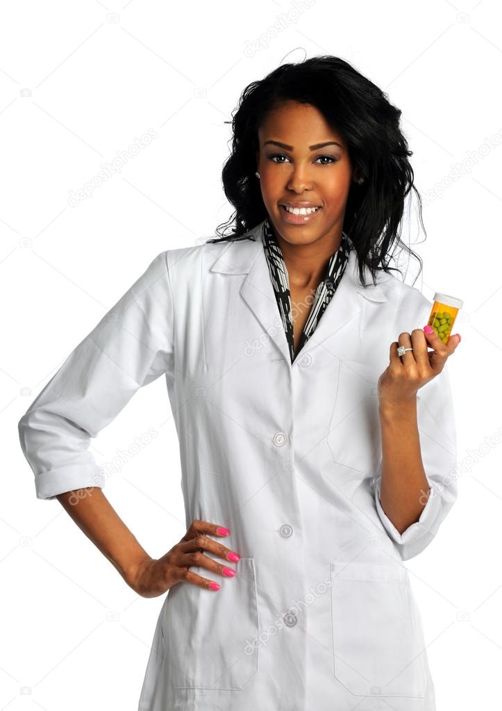 Young Woman Holding Container with Pills