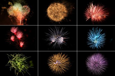 Fireworks, çeşitli renkler ve şekiller