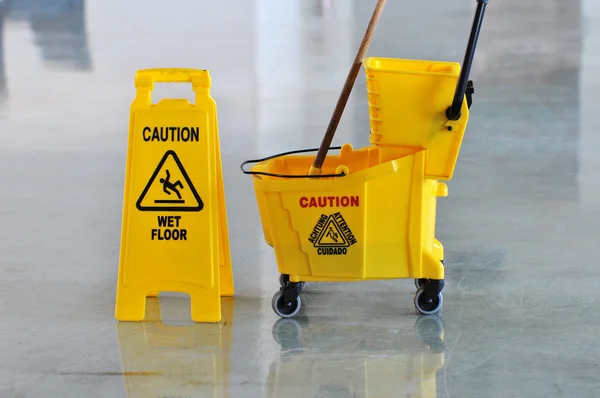 Mop, Bucket and Caution Wet Floor — Stock Photo, Image