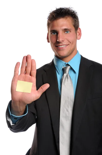 Geschäftsmann mit Klebezettel zur Hand — Stockfoto