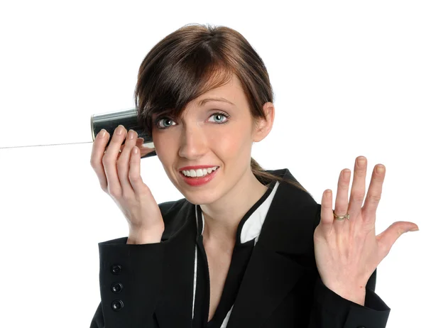 Kvinna med plåtburk-telefonen — Stockfoto