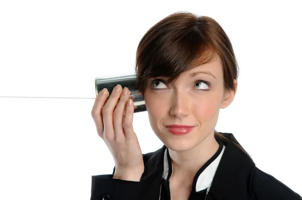 Businesswoman Listening to Tin Can Phone — Stock Photo, Image