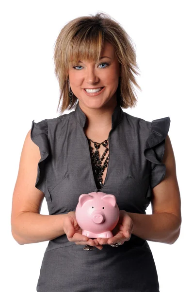 Empresária segurando banco porquinho — Fotografia de Stock