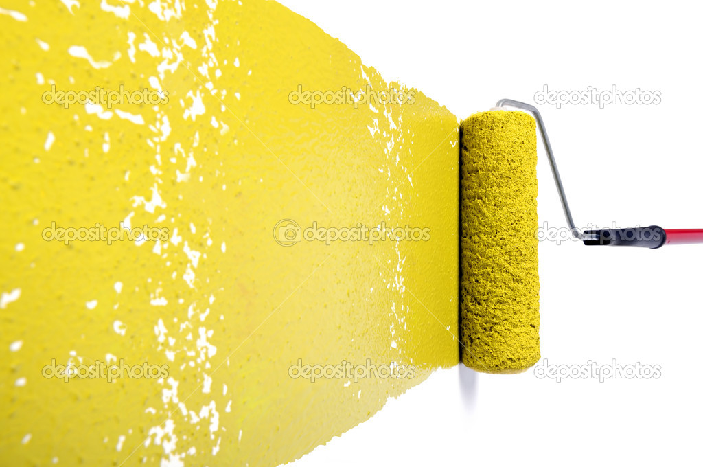 Roller With Yellow Paint On White Wall Stock Photo Ginosphotos1 Roller With Yellow Paint On White Wall Stock Photo