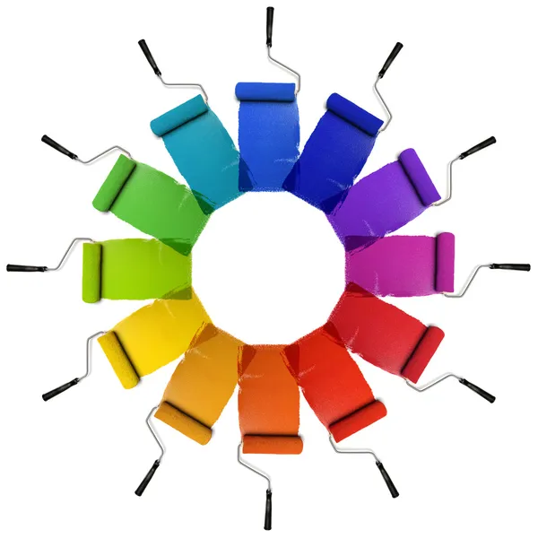 Paint Rollers with Color Wheel Hues — Stock Photo, Image