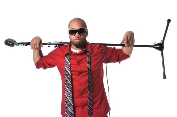 Man With Microphone Stand on Shoulder — Stock Photo, Image