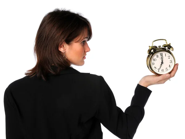 Woman Holding Alarm Clock — Stock Photo, Image