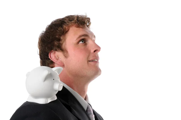 Man with Piggy Bank on Shoulder — Stock Photo, Image