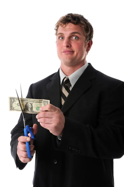Malheureux homme d'affaires coupant Dollar Bill — Photo