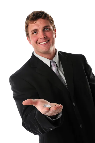 Businessman Holding Coins in Hand Stock Photo