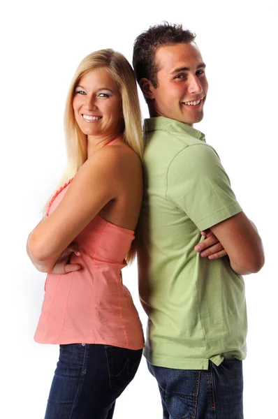 Jonge vrouw en man glimlachen — Stockfoto