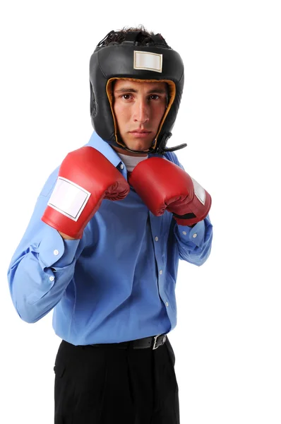 Uomo d'affari con attrezzatura da boxe — Foto Stock