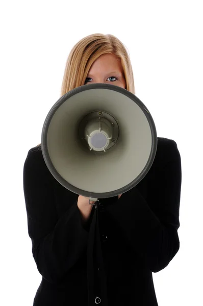 Vrouw met behulp van megafoon — Stockfoto