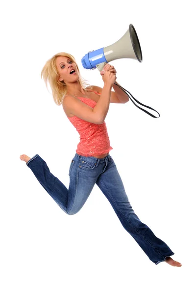 Woman Jumping With Megaphone — Stock Photo, Image