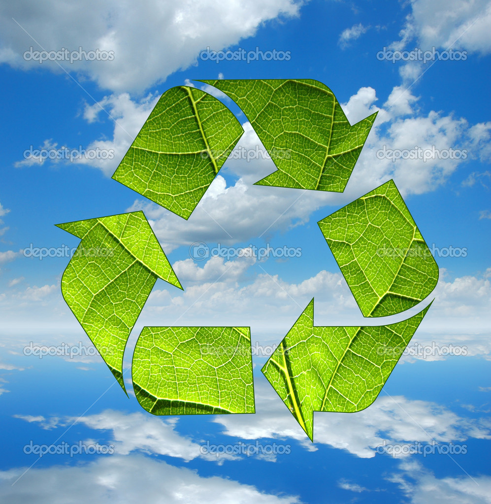Recycle logo and Clouds and blue sky reflecting on calm waters