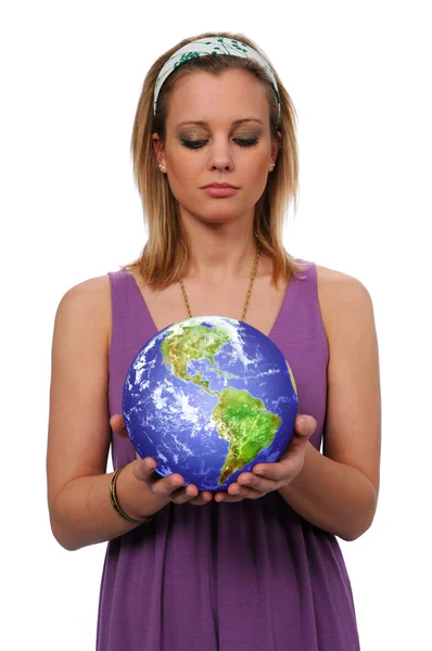 Young Woman Holding Earth — Stock Photo, Image