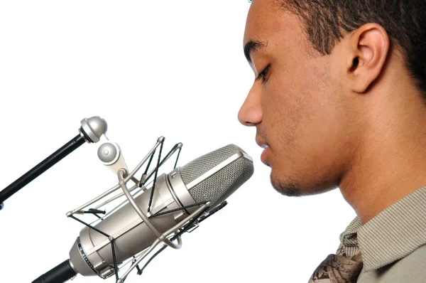 Young Man SInging into Vintage Microphone — Stock Photo, Image