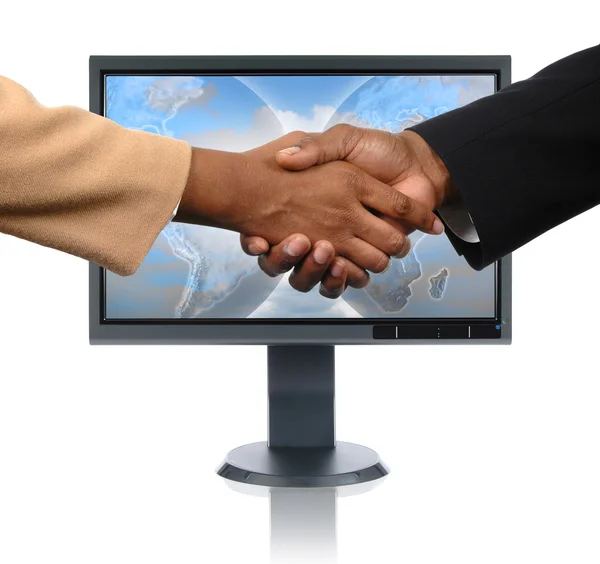 LCD Monitor and Handshake — Stock Photo, Image