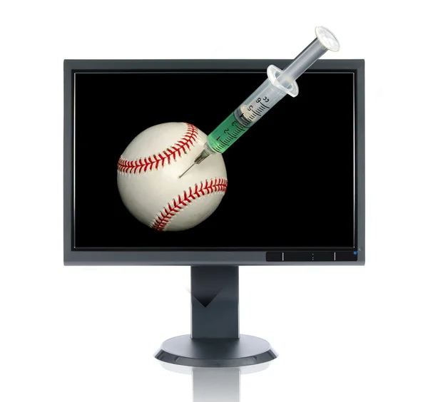 LCD Monitor and Baseball with Syringe — Stock Photo, Image