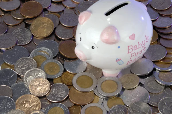 Piggy Bank e Moeda — Fotografia de Stock