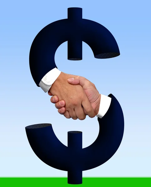Handshake s peníze znamení — Stock fotografie