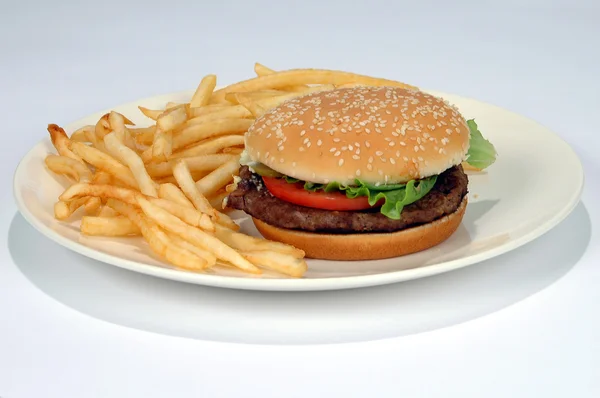 French Fries and Hamburger on a plate — Stock Photo, Image