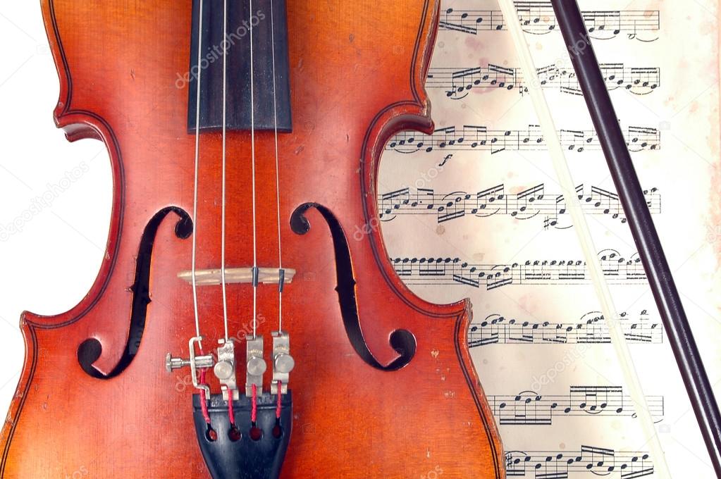 CLose-up of violin and Vintage Music Sheet