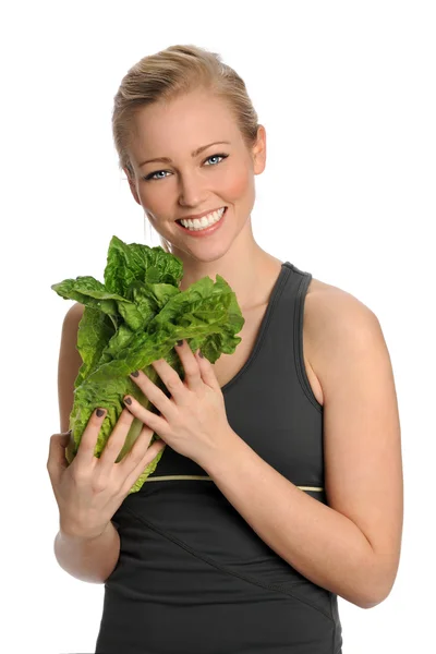 Fiatal nő fejét saláta — Stock Fotó
