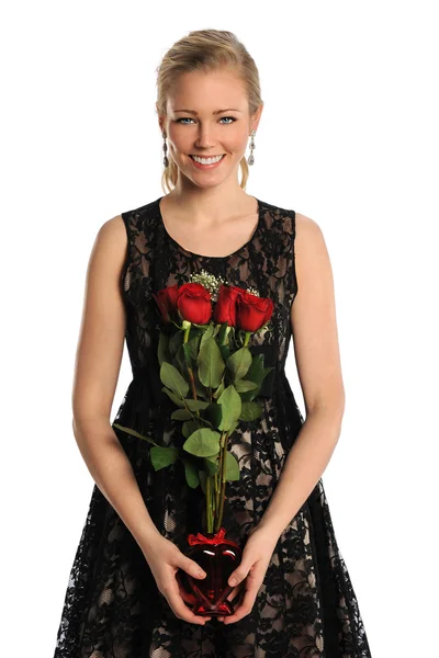 Young Woman Holding Bouquet of Roses — Stock Photo, Image