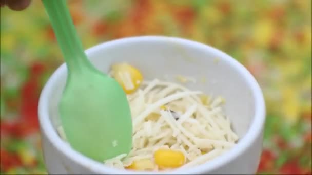Video Hands Stirring Corn Cob Grated Cheese Cup Food Beverages — Stockvideo