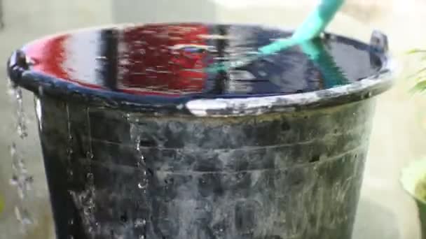 Derrames Agua Del Cubo Negro Vídeo Lleno Cabe Sobrecarga — Vídeo de stock