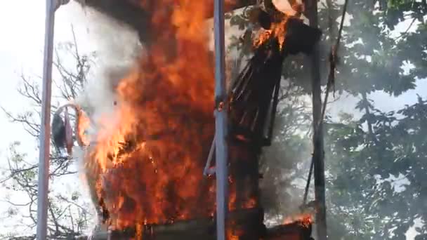 Statue Buffalo Head Burns Smokes Ngaben Palebon Event Sanur Bali — Stock Video